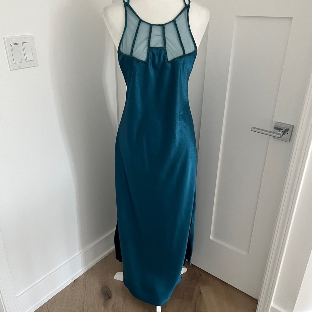 Victoria's Secret Teal Satin Lingerie Vintage Slip Maxi Nightgown 90s Sz M *T3